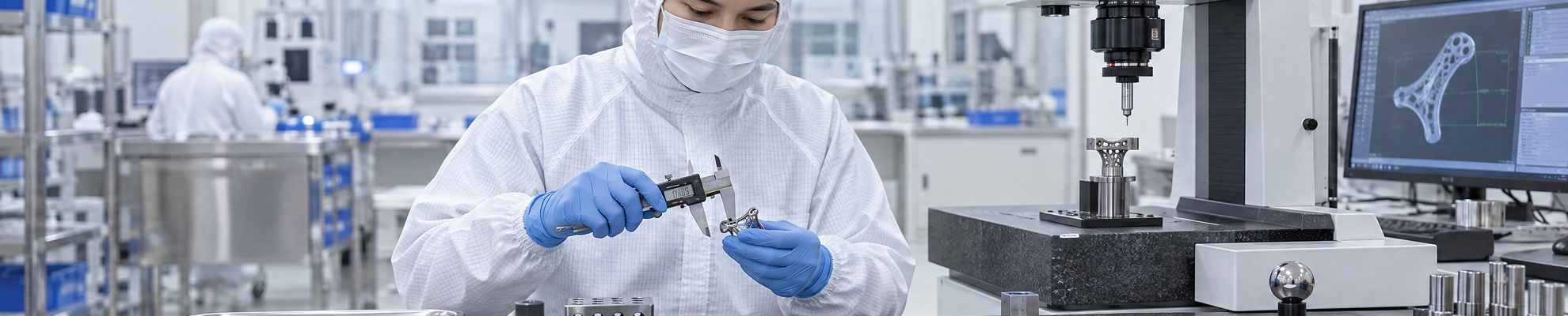 Técnico con vestimenta de cuarto limpio midiendo un implante ortopédico con un calibrador digital junto a una máquina de medición por coordenadas