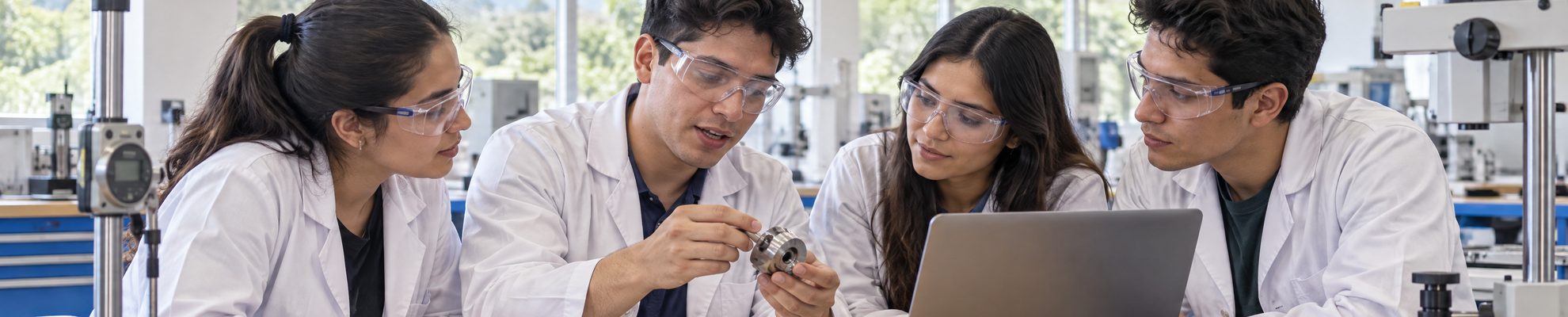 Jóvenes estudiantes de ingeniería costarricenses examinando un componente mecanizado en un laboratorio universitario